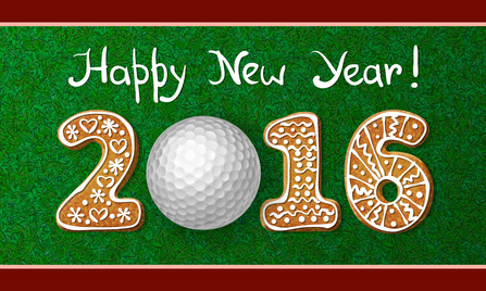 Golf ball on grass with numbers of gingerbread cookies of new year 2016. Greeting card with grass background